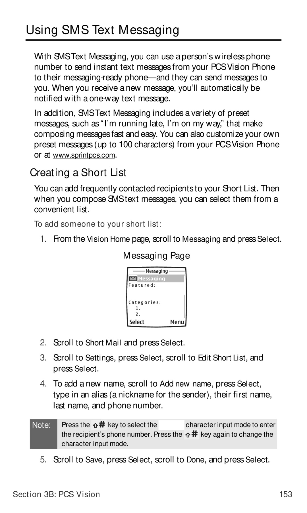 Nokia PM-6225 manual Using SMS Text Messaging, Creating a Short List, To add someone to your short list, PCS Vision 153 