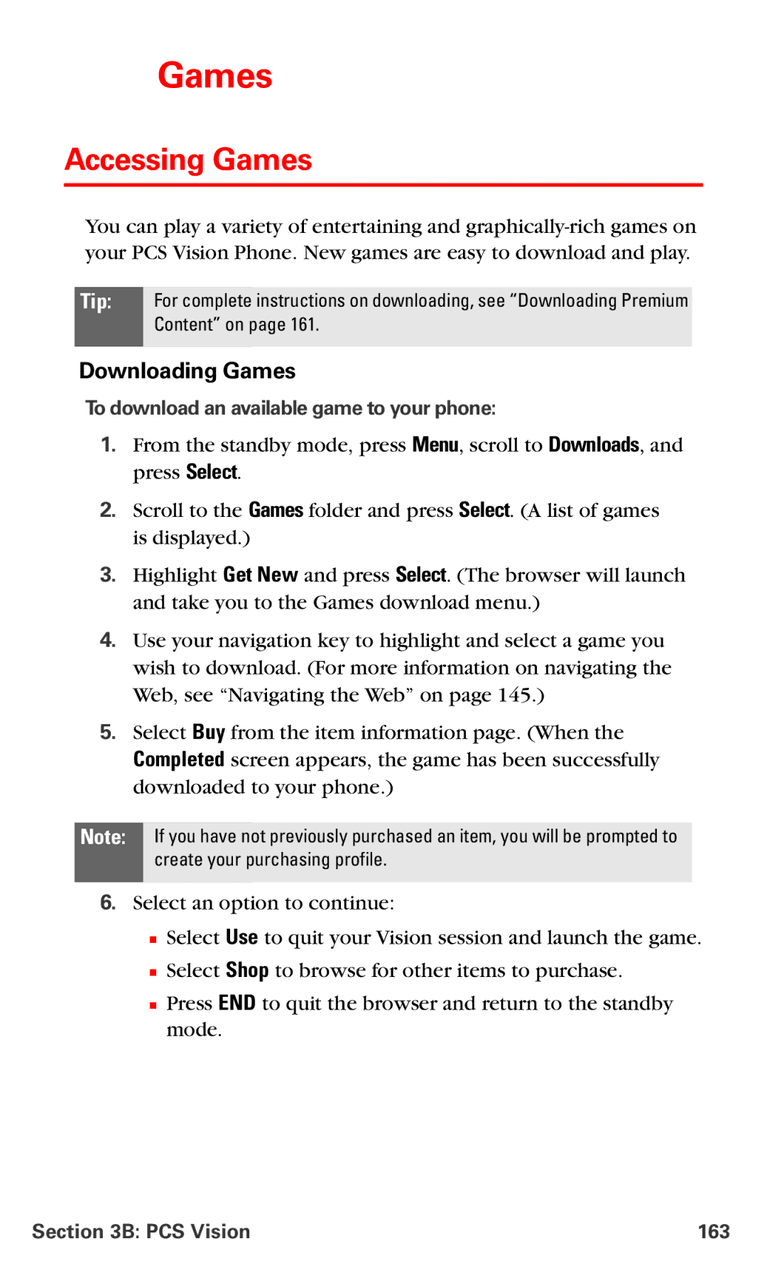 Nokia PM-6225 manual Accessing Games, Downloading Games, To download an available game to your phone, PCS Vision 163 