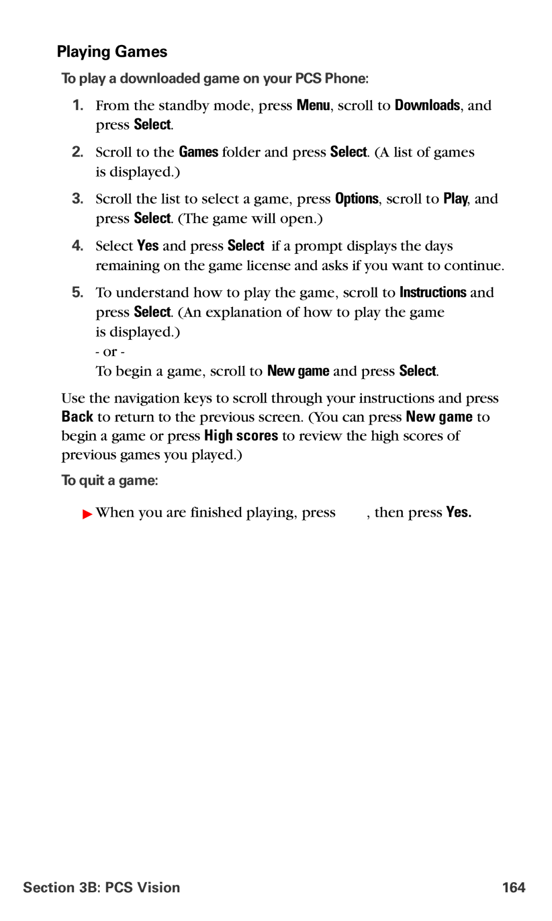 Nokia PM-6225 manual Playing Games, To play a downloaded game on your PCS Phone, To quit a game, PCS Vision 164 