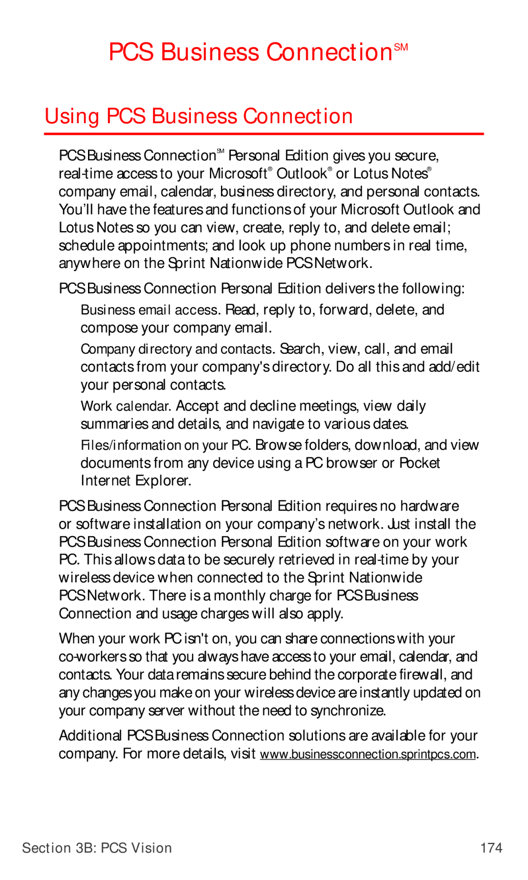 Nokia PM-6225 manual PCS Business ConnectionSM, Using PCS Business Connection, PCS Vision 174 