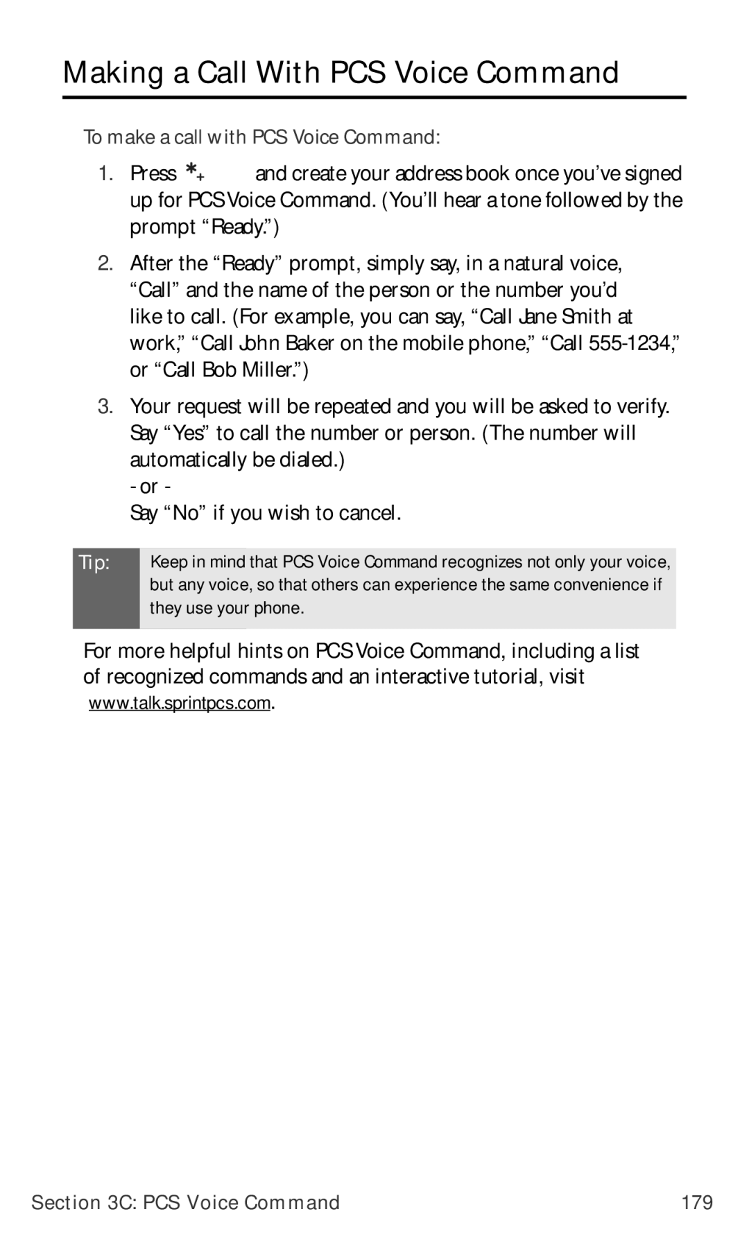 Nokia PM-6225 manual Making a Call With PCS Voice Command, To make a call with PCS Voice Command, PCS Voice Command 179 