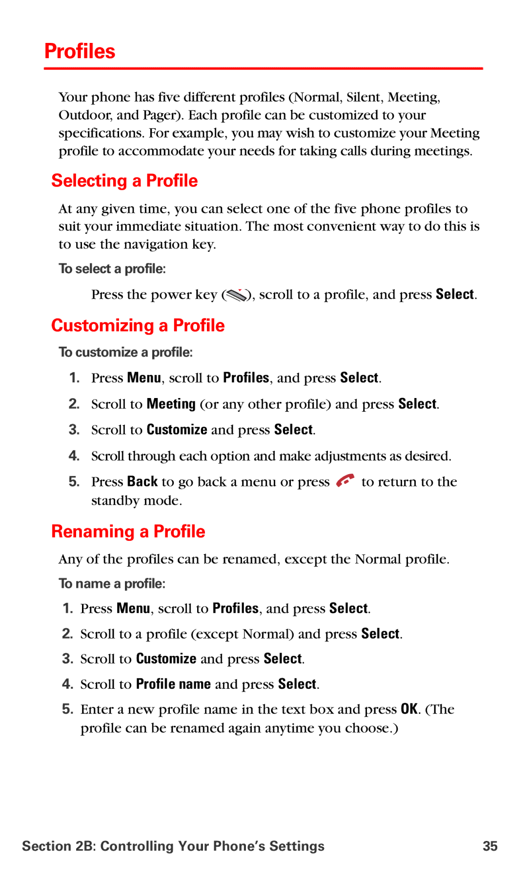 Nokia PM-6225 manual Profiles, Selecting a Profile, Customizing a Profile, Renaming a Profile 