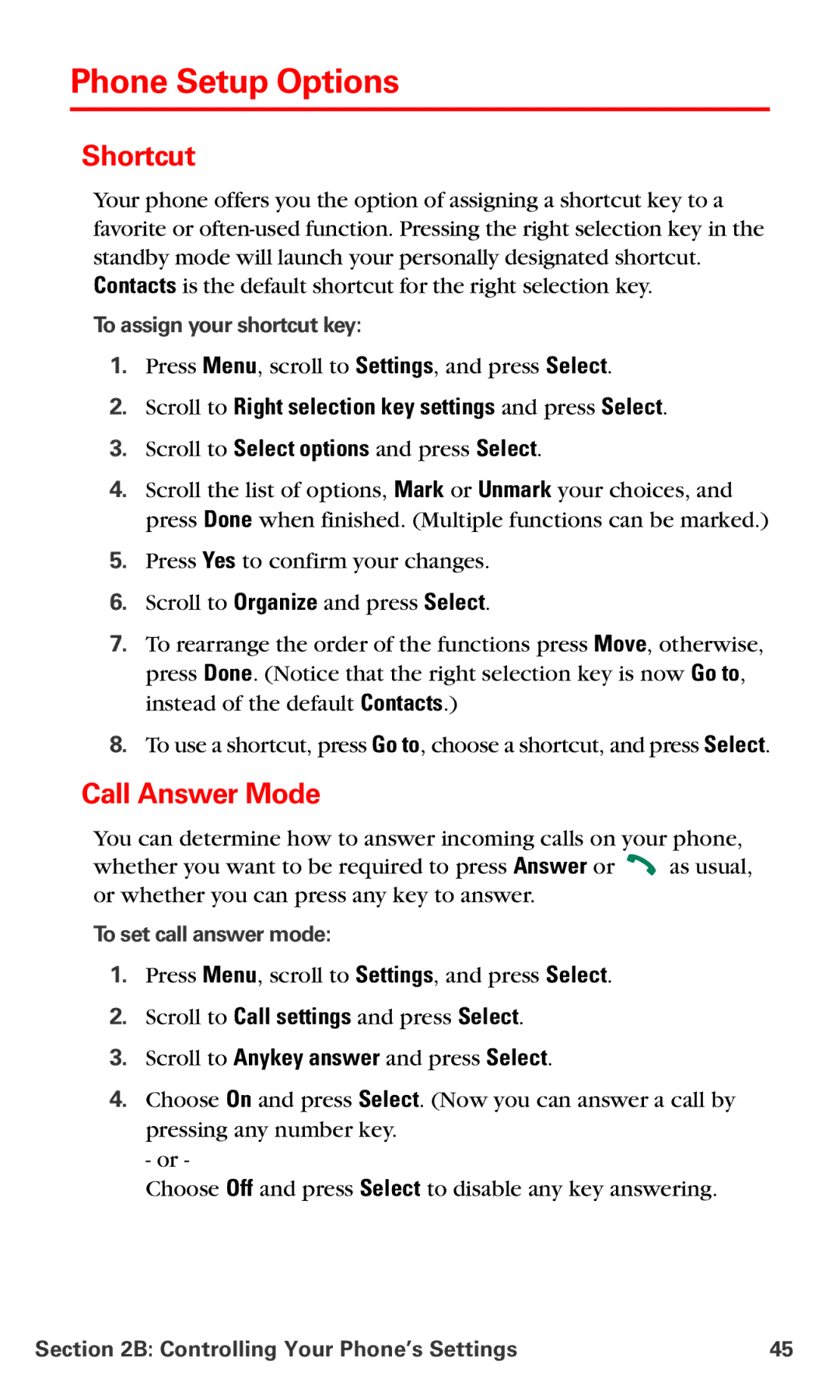 Nokia PM-6225 Phone Setup Options, Shortcut, Call Answer Mode, Scroll to Right selection key settings and press Select 