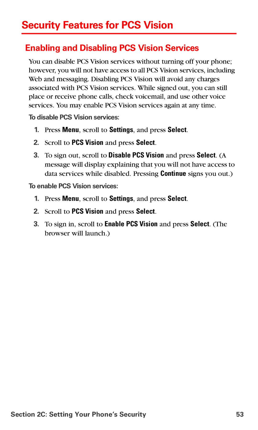 Nokia PM-6225 Security Features for PCS Vision, Enabling and Disabling PCS Vision Services, To disable PCS Vision services 