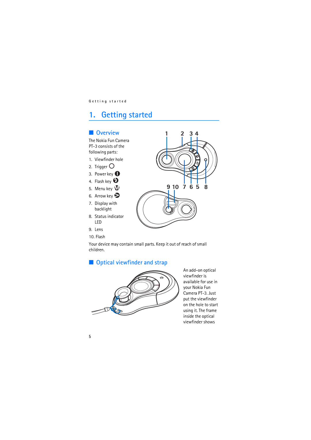 Nokia PT-3 manual Getting started, Overview, Optical viewfinder and strap 