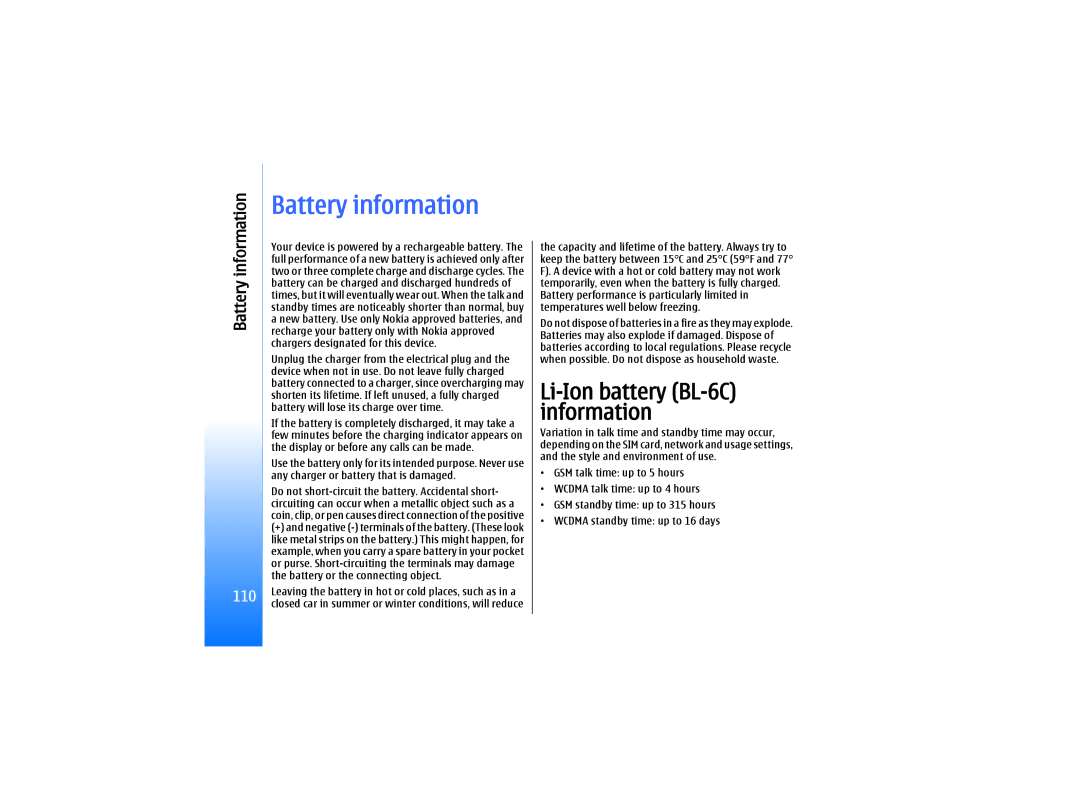 Nokia RM-10 manual Battery information, Li-Ion battery BL-6C information 