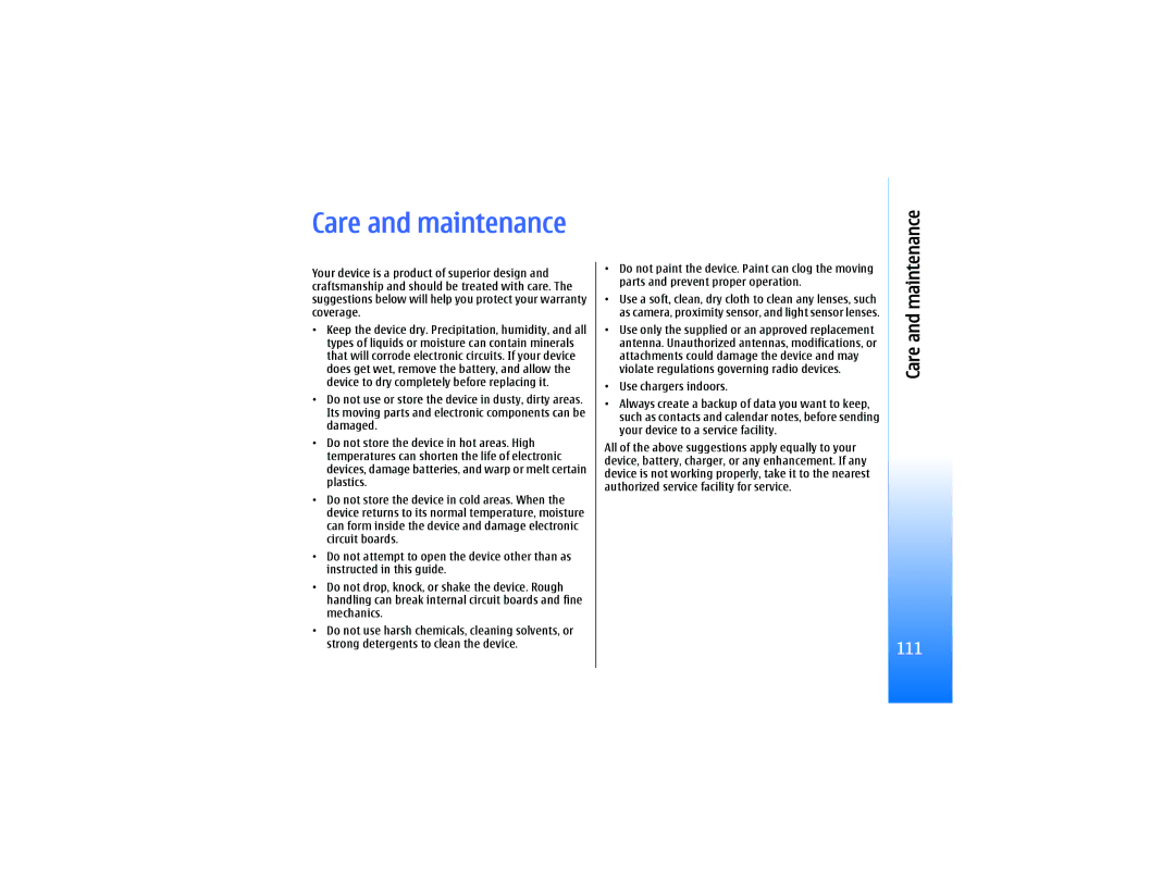 Nokia RM-10 manual Care and maintenance 