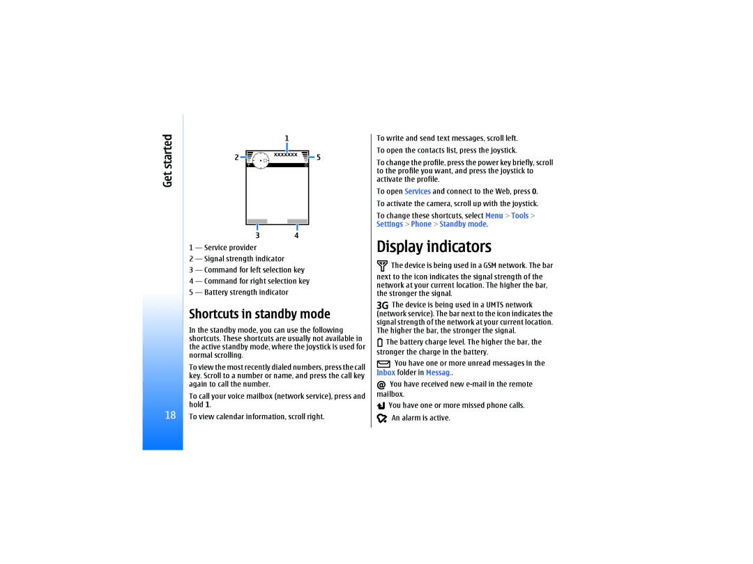 Nokia RM-10 manual Display indicators, Shortcuts in standby mode 