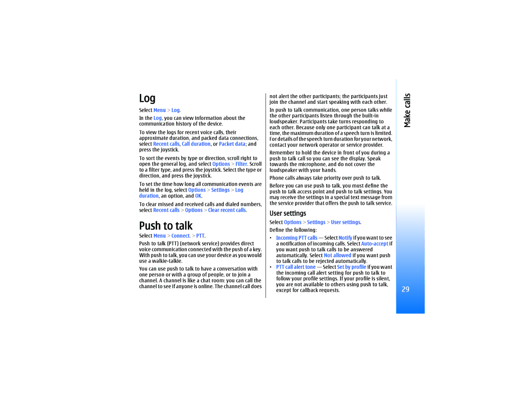 Nokia RM-10 manual Log, Push to talk, Select Menu Connect. PTT, Select Options Settings User settings 