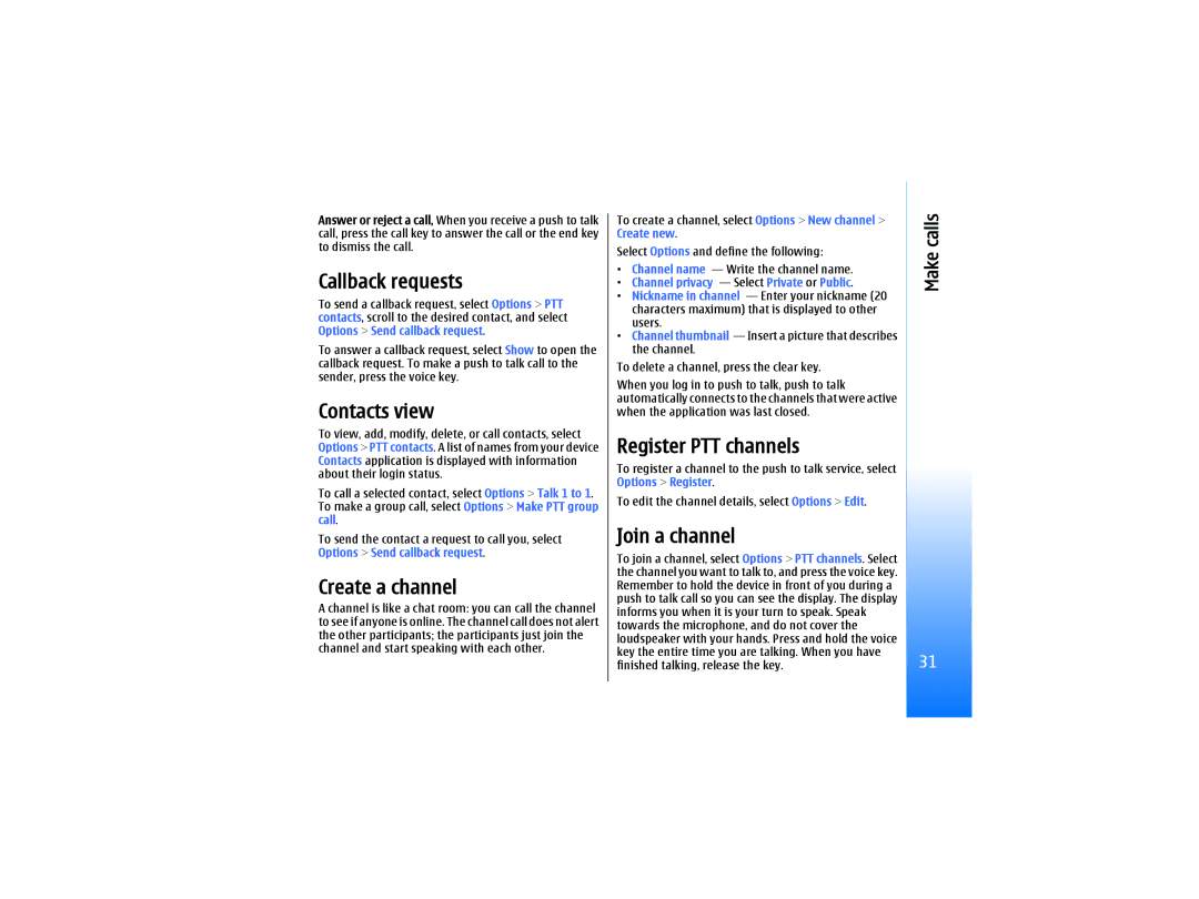 Nokia RM-10 manual Callback requests, Contacts view, Create a channel, Register PTT channels, Join a channel 