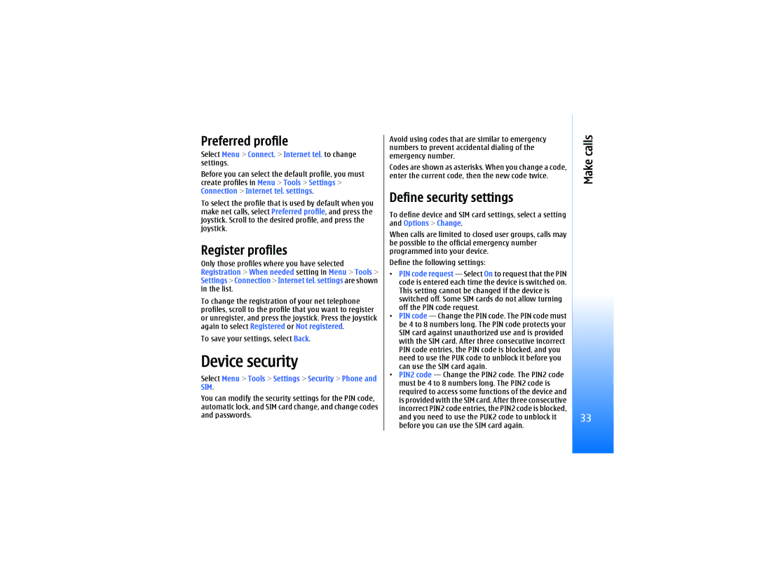 Nokia RM-10 manual Device security, Preferred profile, Register profiles, Define security settings 