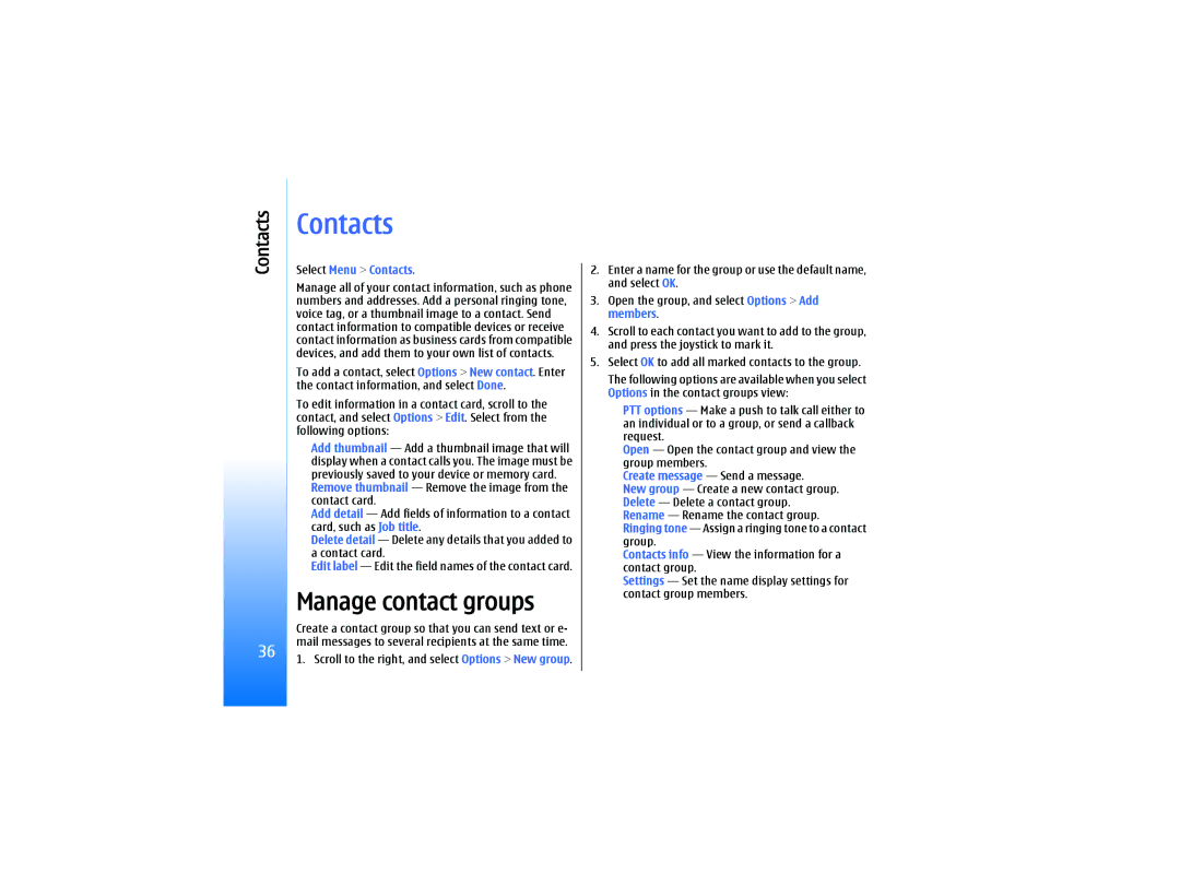 Nokia RM-10 manual Manage contact groups, Select Menu Contacts 