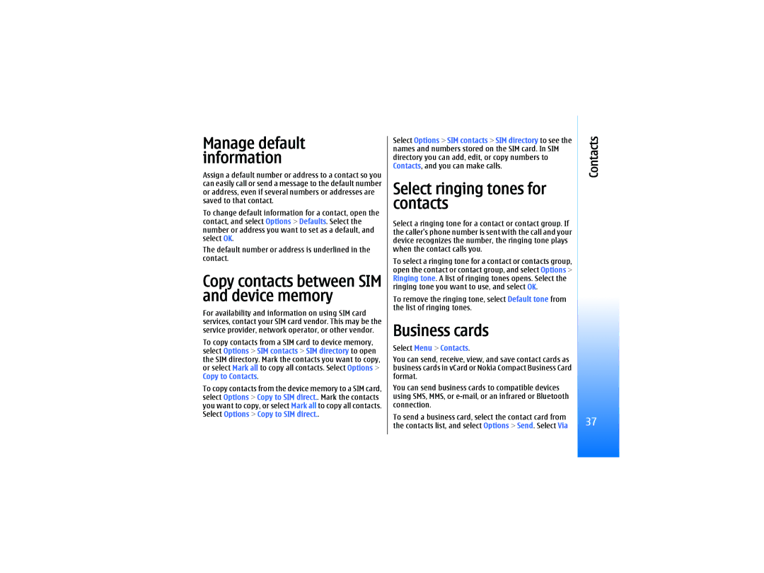 Nokia RM-10 manual Copy contacts between SIM and device memory, Select ringing tones for contacts, Business cards 