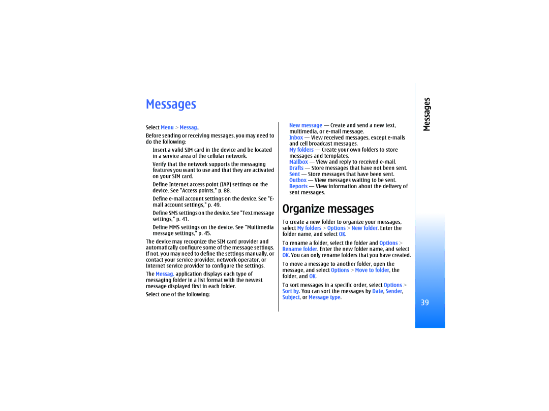 Nokia RM-10 manual Messages, Organize messages, Select Menu Messag 