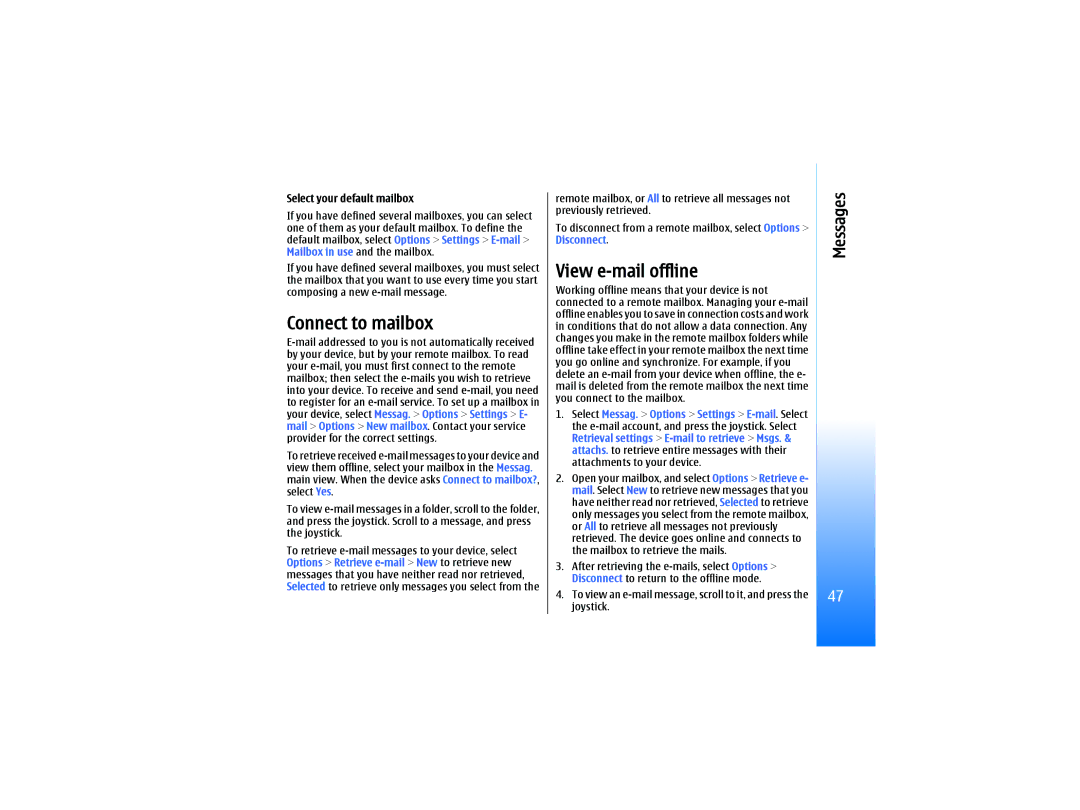 Nokia RM-10 manual Connect to mailbox, View e-mail offline, Select your default mailbox 