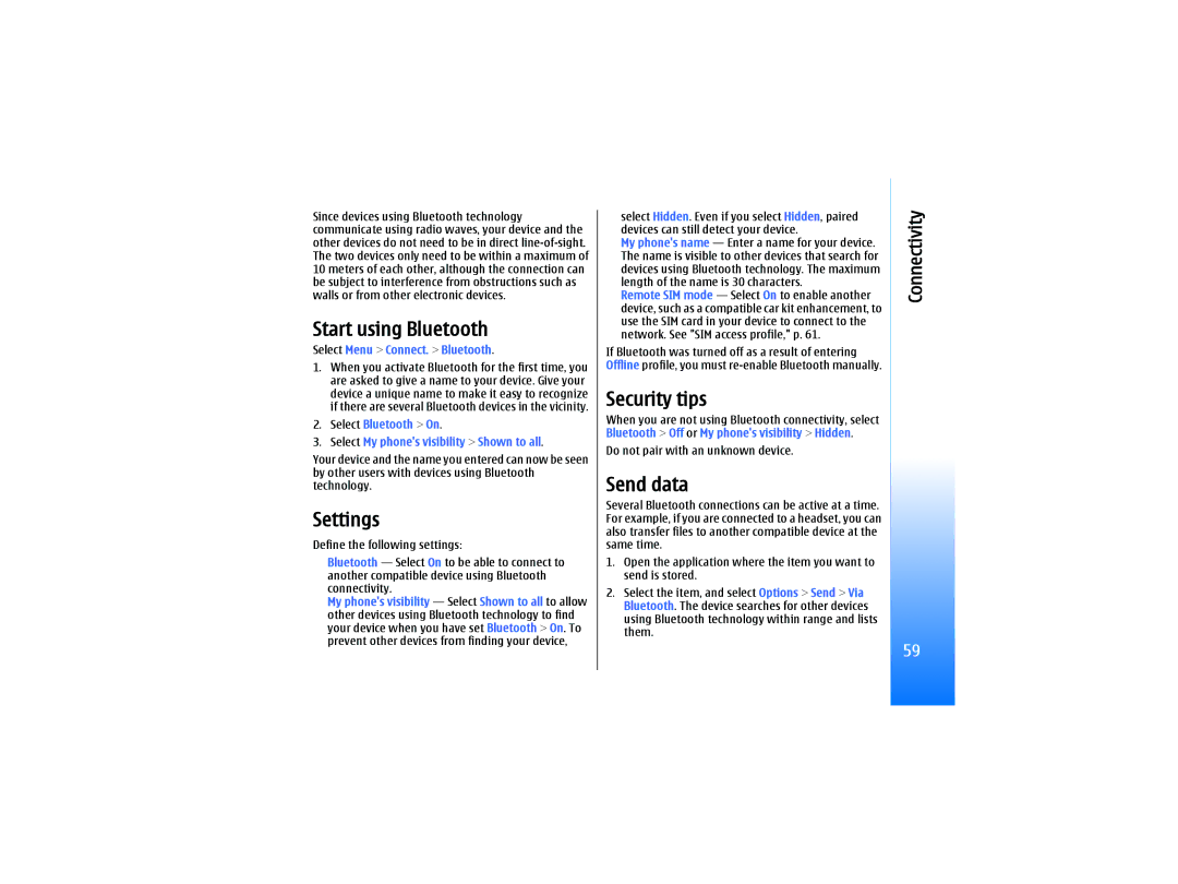 Nokia RM-10 manual Start using Bluetooth, Security tips, Send data, Select Menu Connect. Bluetooth 