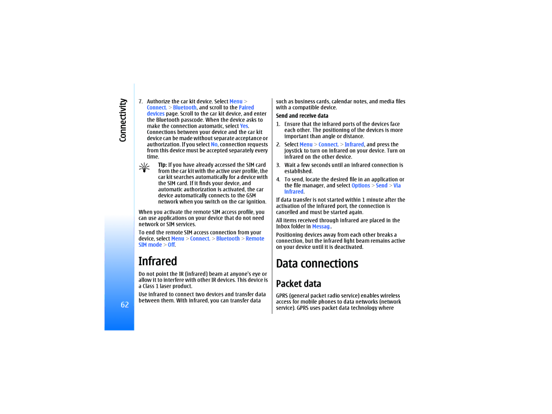 Nokia RM-10 manual Infrared, Data connections, Packet data, Send and receive data 