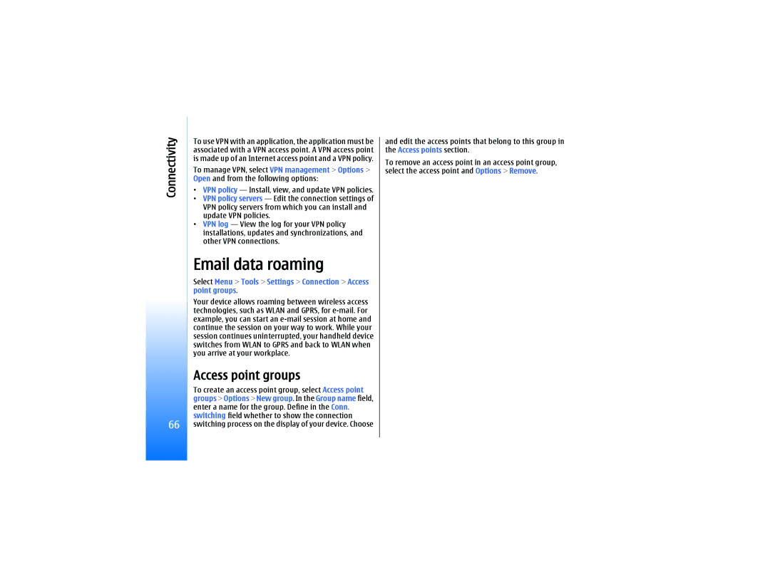 Nokia RM-10 manual Email data roaming, Select Menu Tools Settings Connection Access point groups 