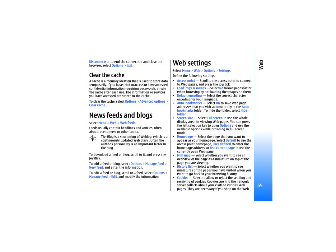 Nokia RM-10 manual News feeds and blogs, Web settings, Clear the cache, Select Menu Web Web feeds 