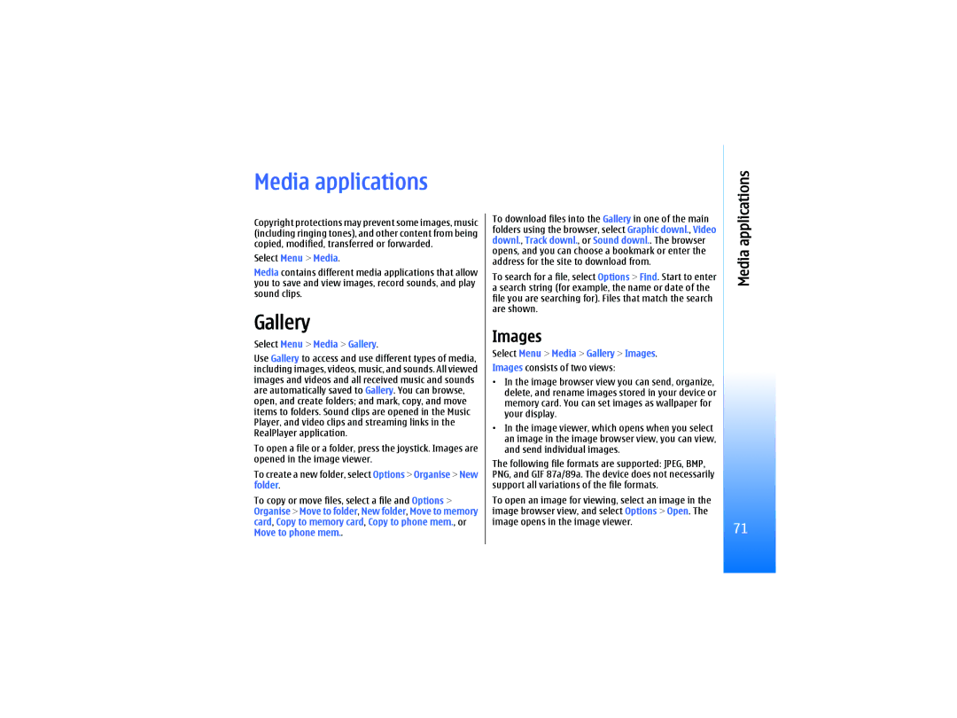 Nokia RM-10 manual Media applications, Gallery, Images 