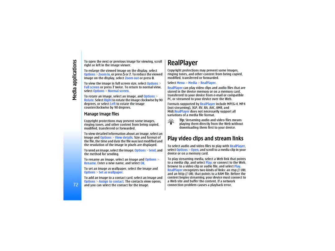 Nokia RM-10 manual Play video clips and stream links, Manage image files, Select Menu Media RealPlayer 