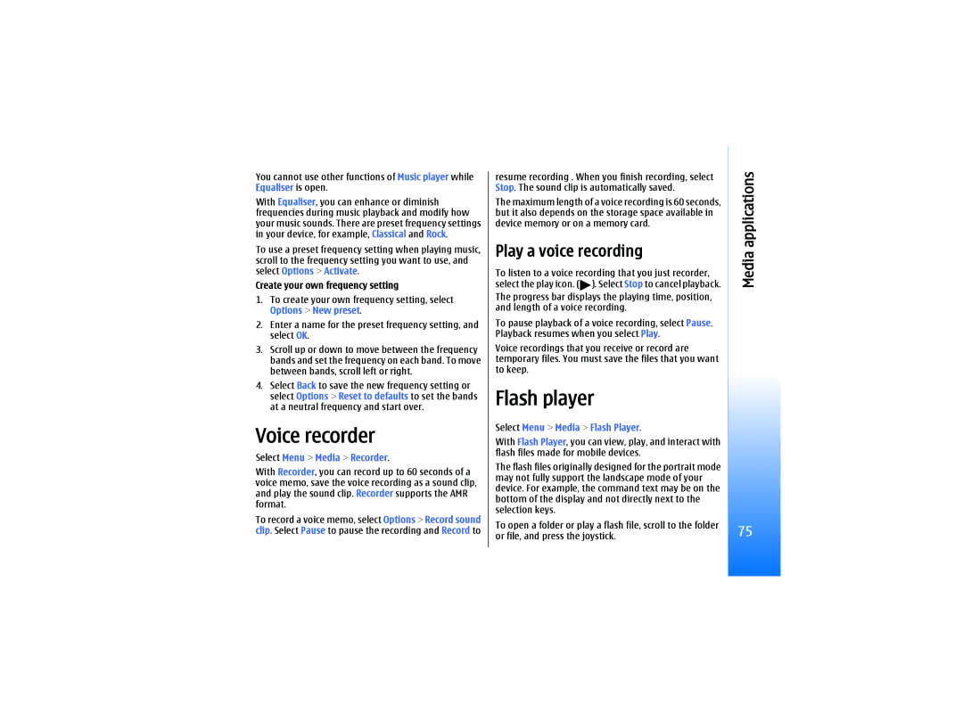 Nokia RM-10 manual Voice recorder, Flash player, Play a voice recording, Select Menu Media Recorder 