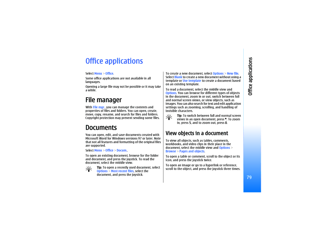 Nokia RM-10 manual Office applications, File manager, Documents, View objects in a document 