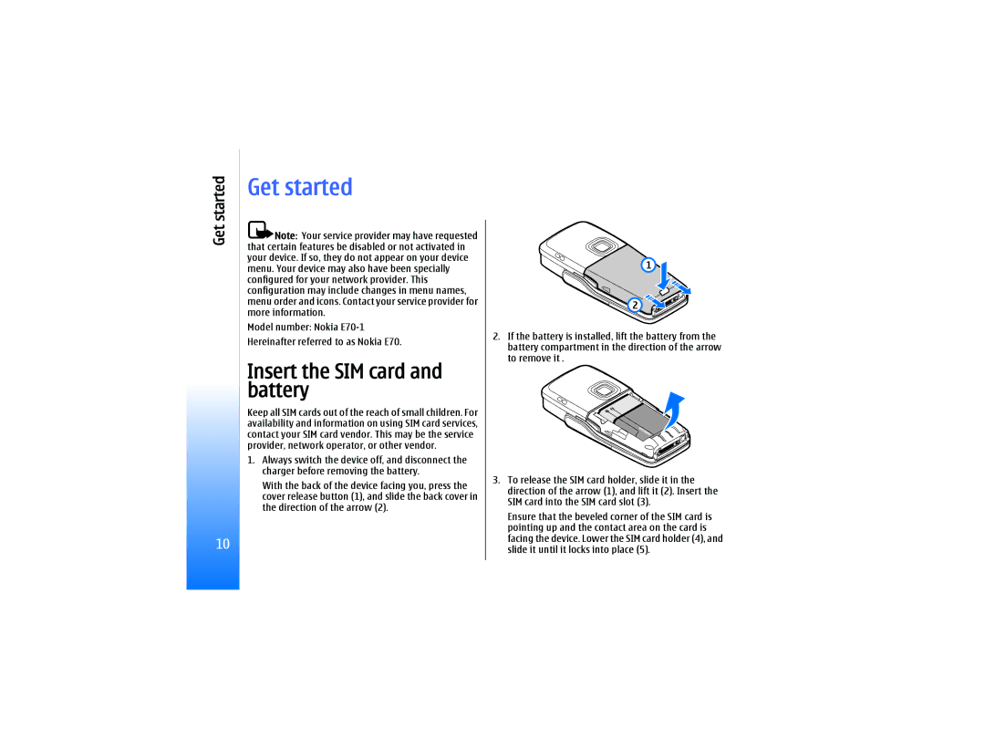 Nokia RM-10 manual Get started, Insert the SIM card and battery 