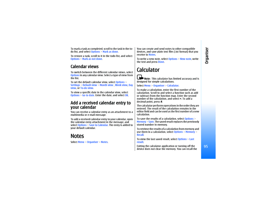 Nokia RM-10 manual Calculator, Calendar views, Add a received calendar entry to your calendar, Select Menu Organiser Notes 