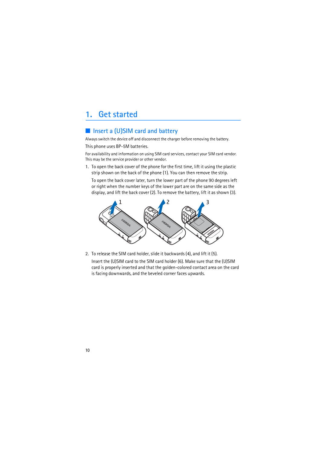 Nokia RM-230 manual Get started, Insert a Usim card and battery, This phone uses BP-5M batteries 