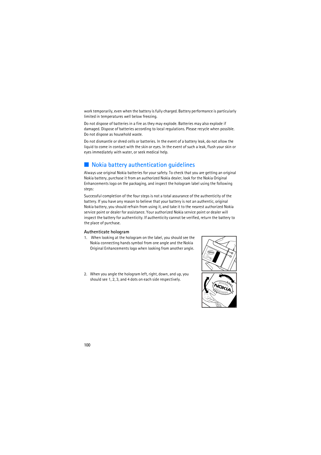 Nokia RM-230 manual Nokia battery authentication guidelines, Authenticate hologram, 100 