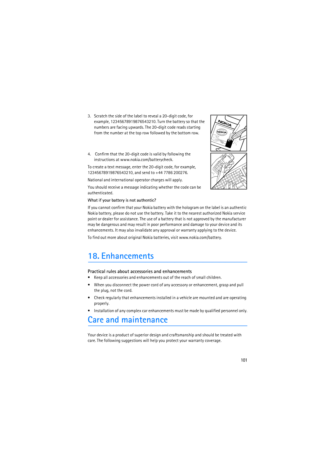 Nokia RM-230 manual Enhancements, Care and maintenance, Practical rules about accessories and enhancements, 101 