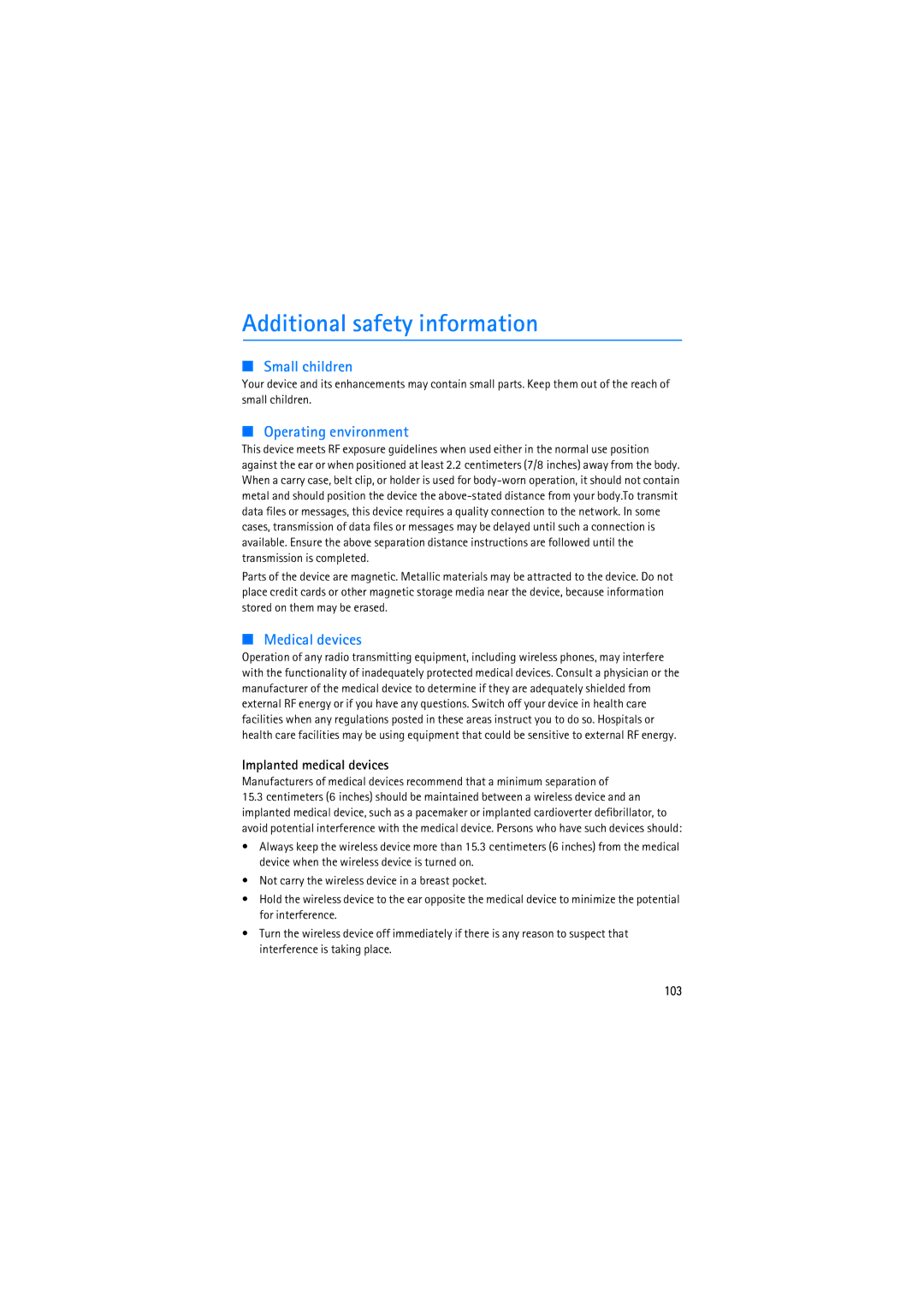 Nokia RM-230 manual Additional safety information, Implanted medical devices, 103 