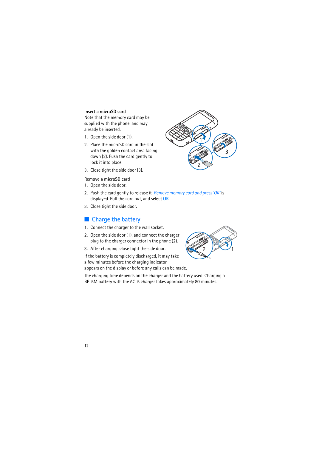 Nokia RM-230 Charge the battery, Insert a microSD card, Remove a microSD card, Connect the charger to the wall socket 