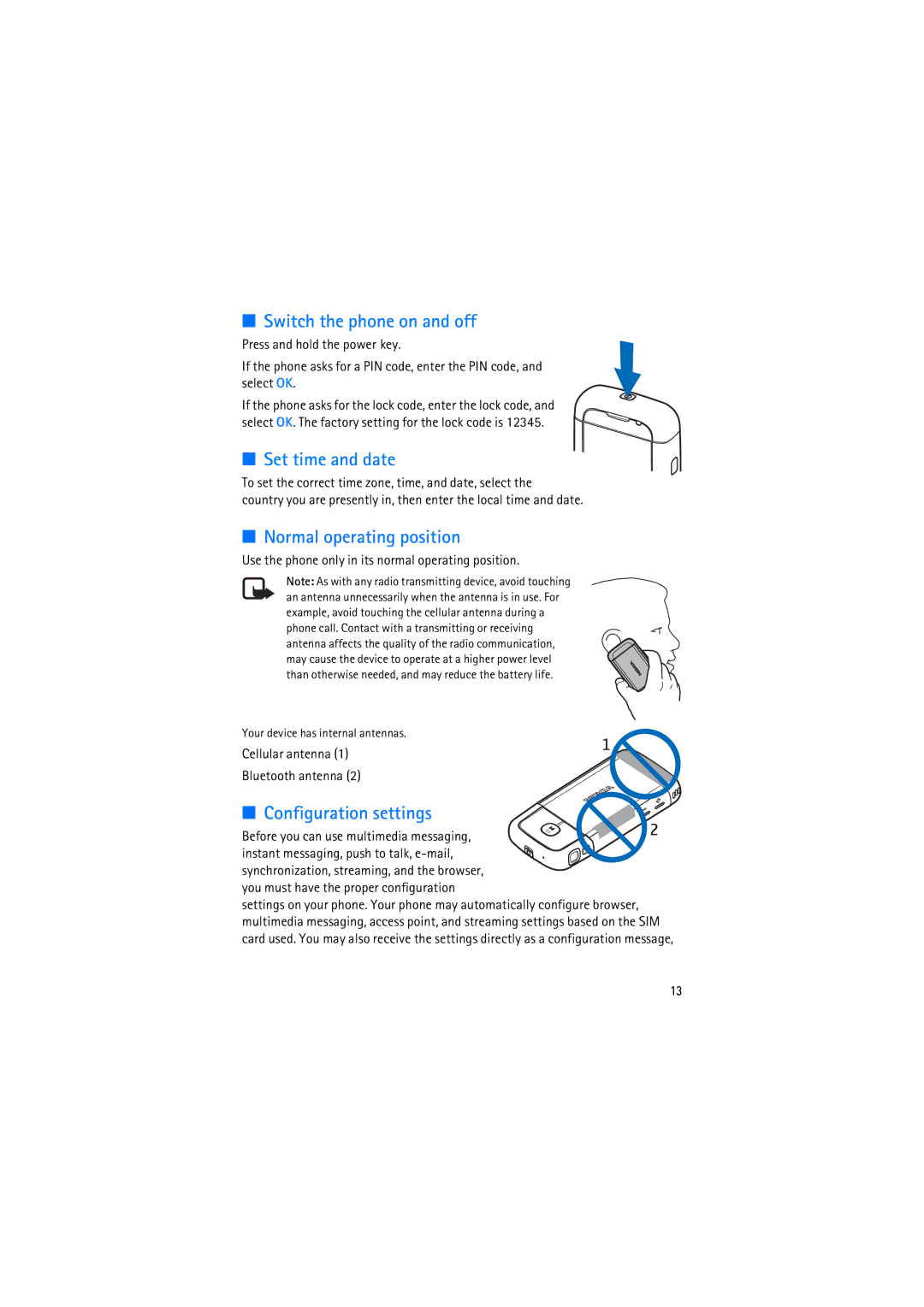 Nokia RM-230 manual Switch the phone on and off, Set time and date, Normal operating position, Configuration settings 