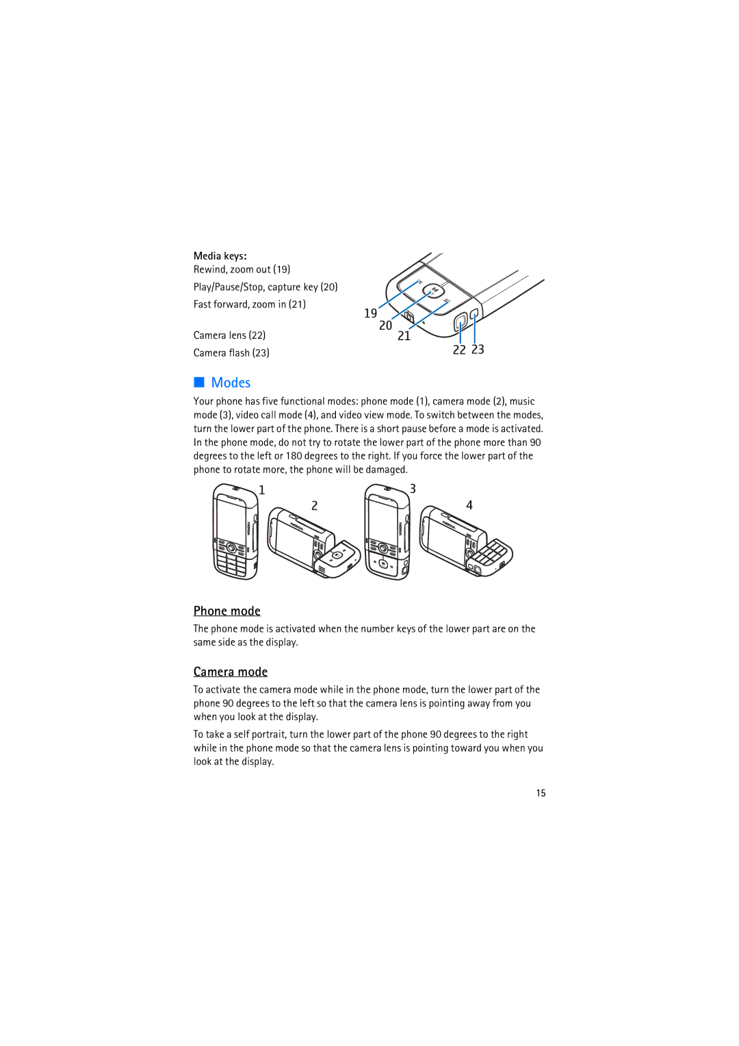 Nokia RM-230 manual Modes, Phone mode, Camera mode, Media keys 