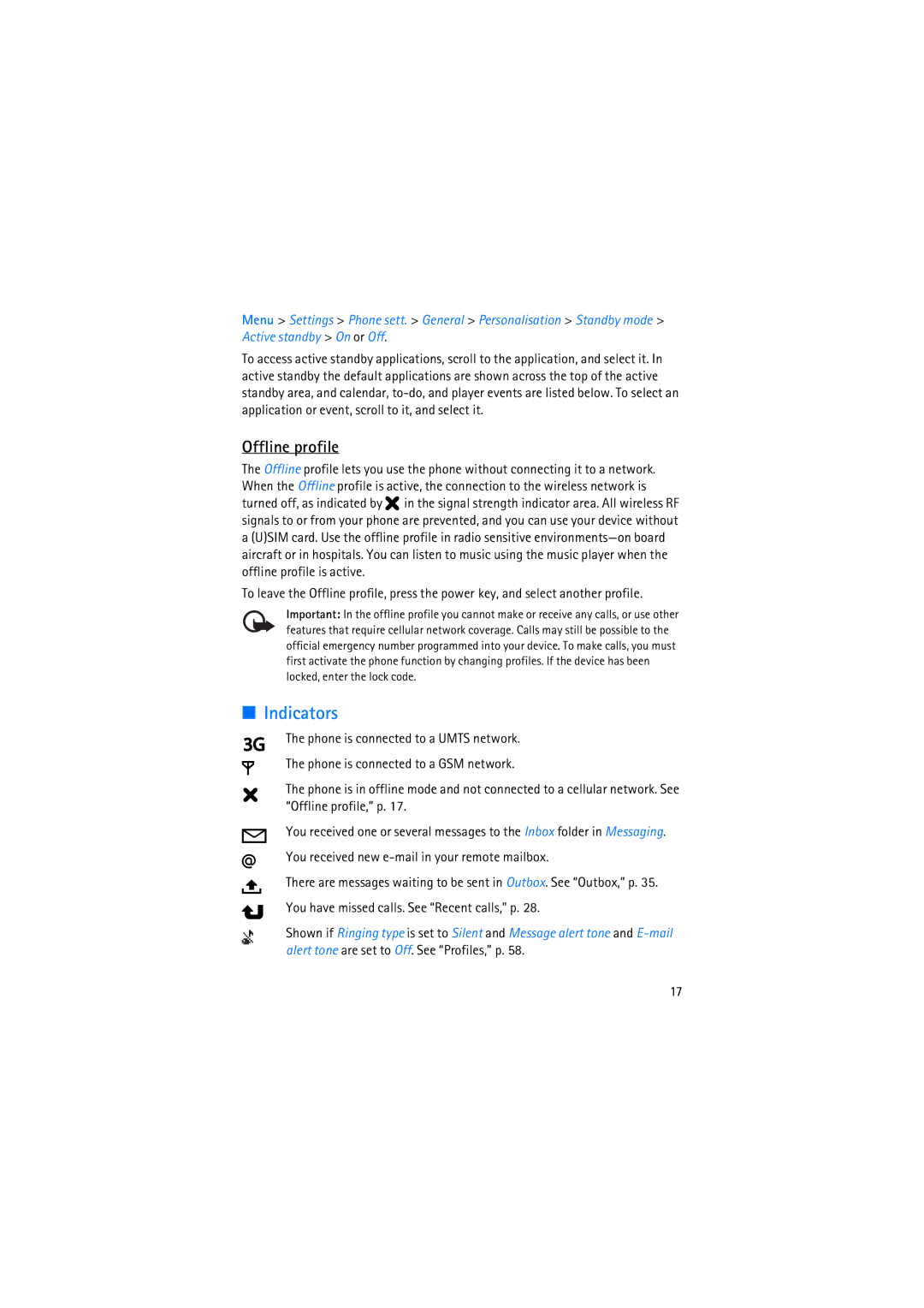 Nokia RM-230 manual Indicators, Offline profile 