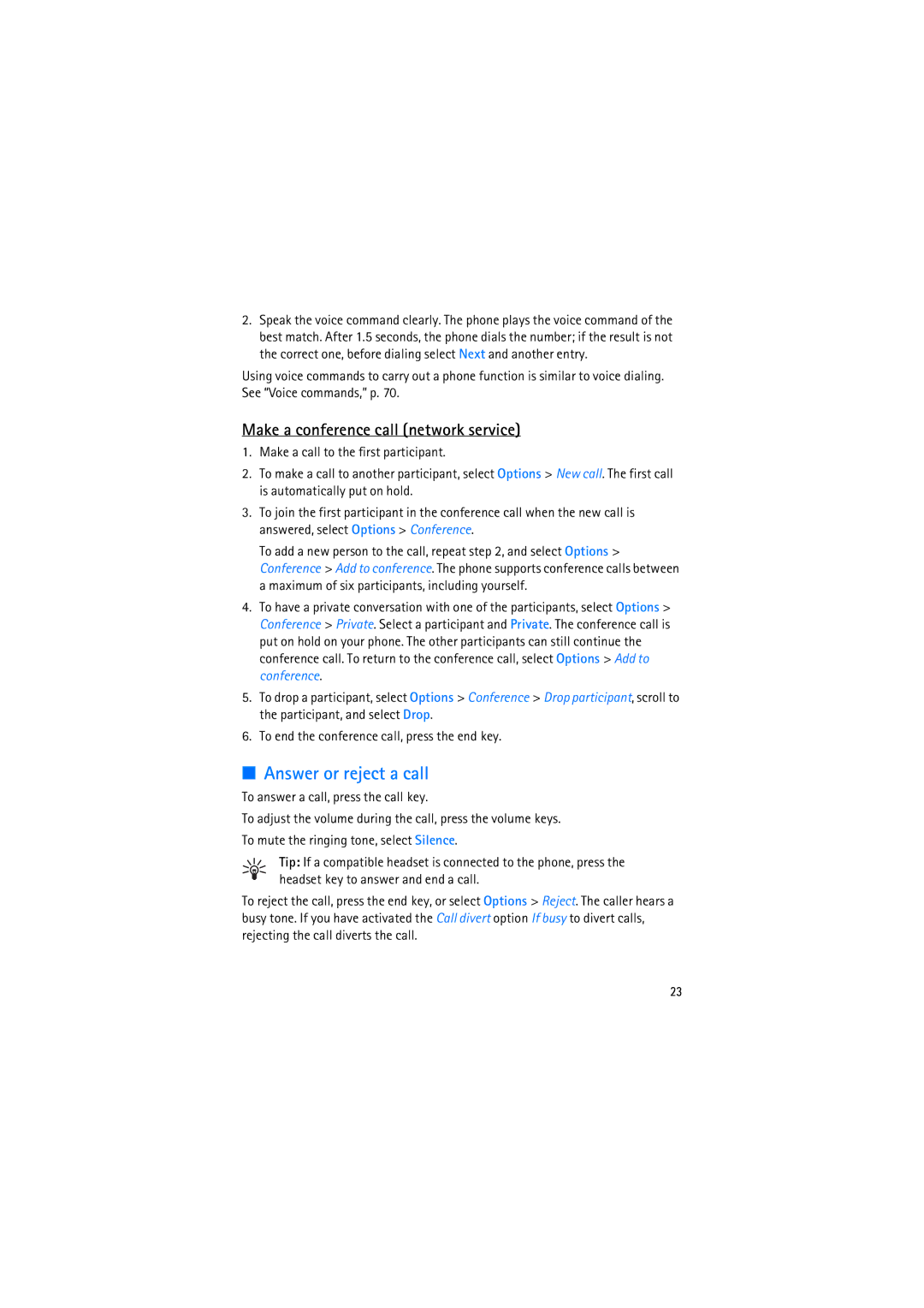 Nokia RM-230 manual Answer or reject a call, Make a conference call network service 