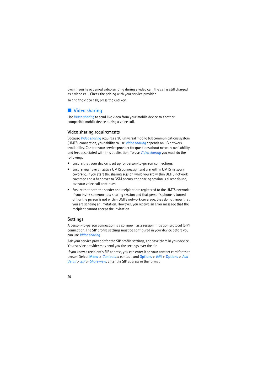 Nokia RM-230 manual Video sharing requirements, Settings 