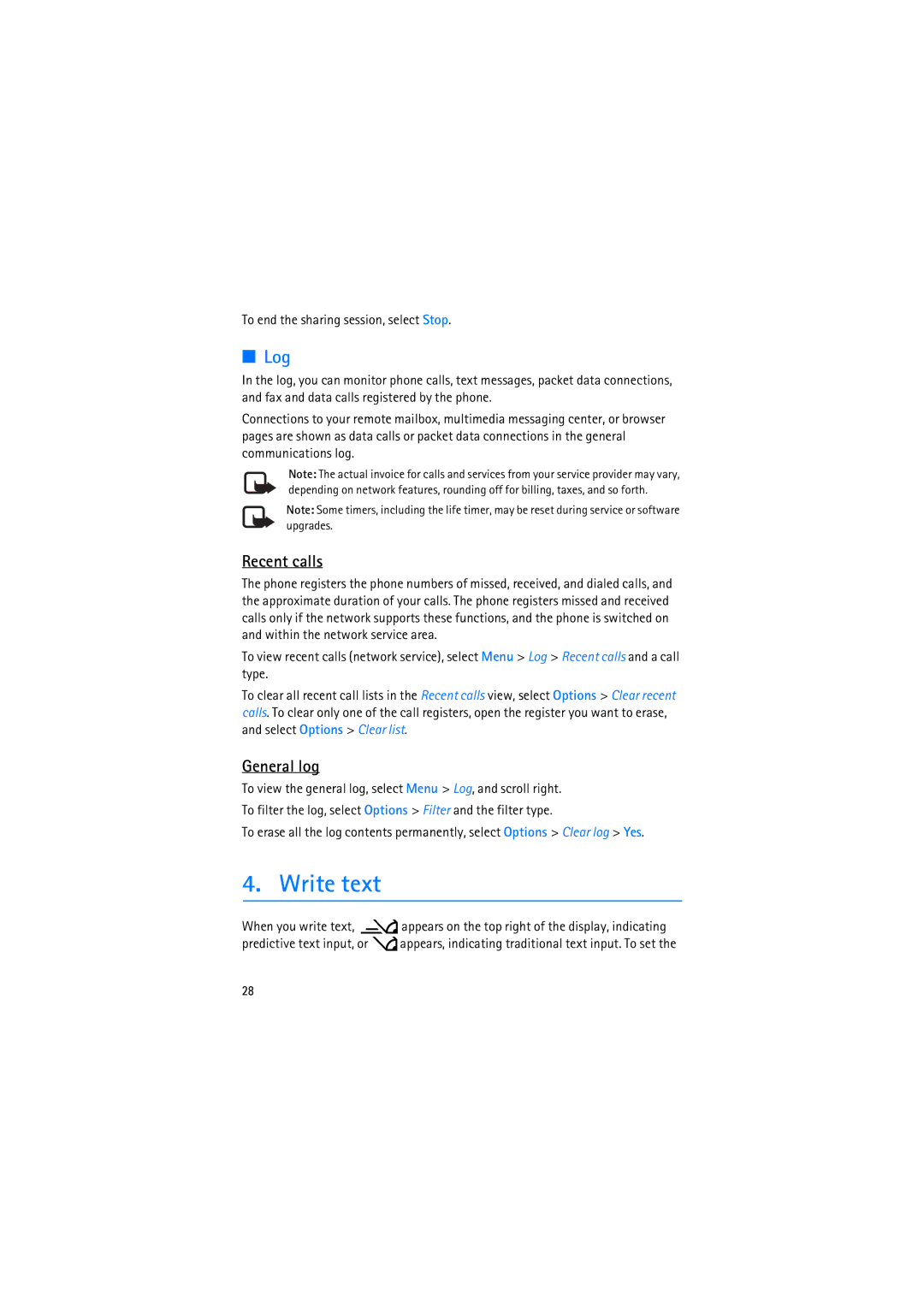 Nokia RM-230 manual Write text, Log, Recent calls, General log, To end the sharing session, select Stop 