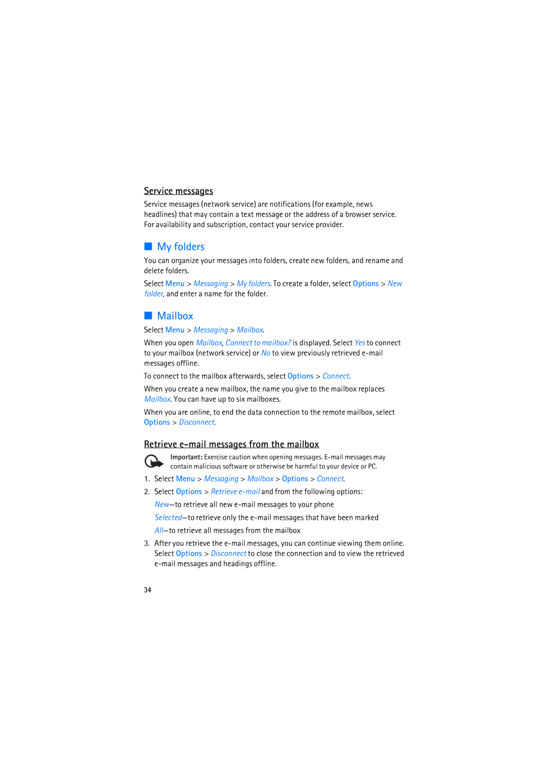 Nokia RM-230 manual My folders, Mailbox, Service messages, Retrieve e-mail messages from the mailbox 
