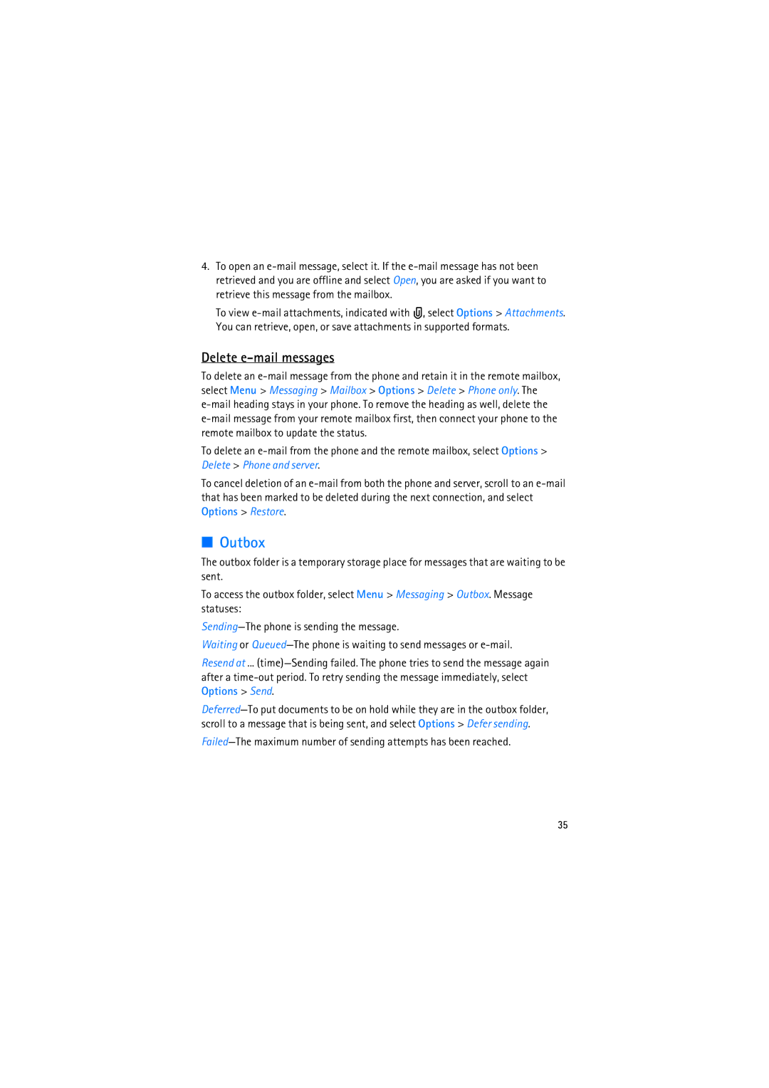 Nokia RM-230 manual Outbox, Delete e-mail messages 