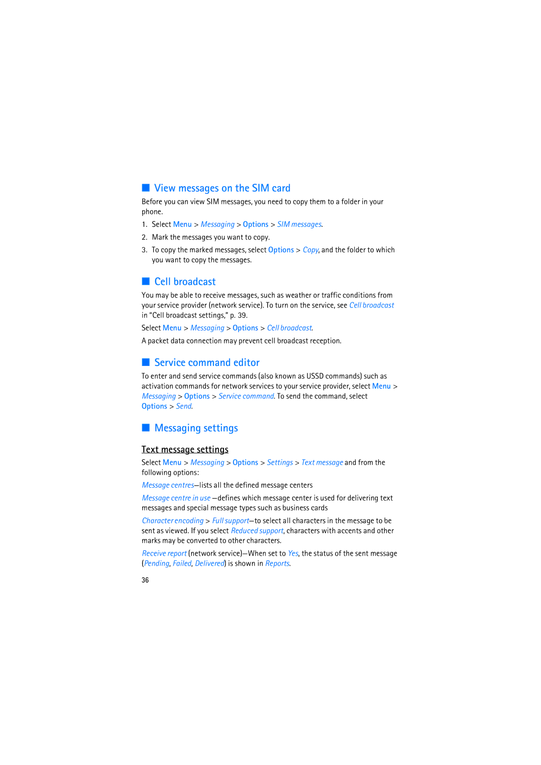 Nokia RM-230 manual View messages on the SIM card, Cell broadcast, Service command editor, Messaging settings 