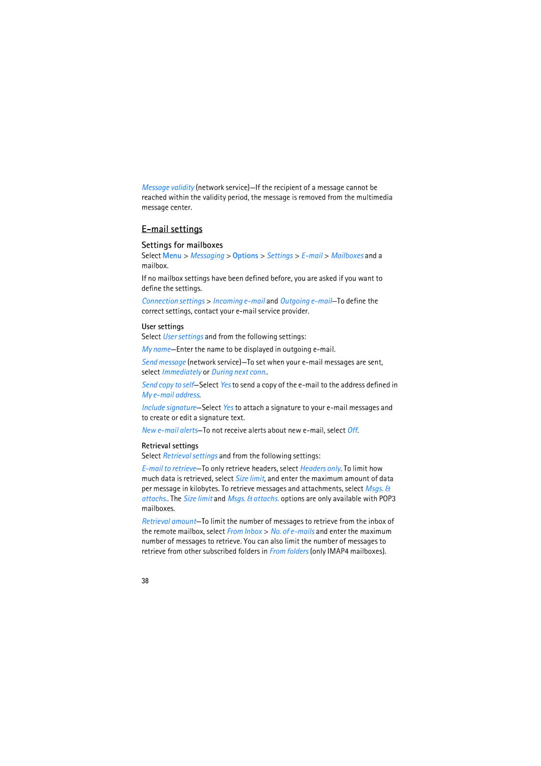 Nokia RM-230 manual Settings for mailboxes, User settings, Retrieval settings 