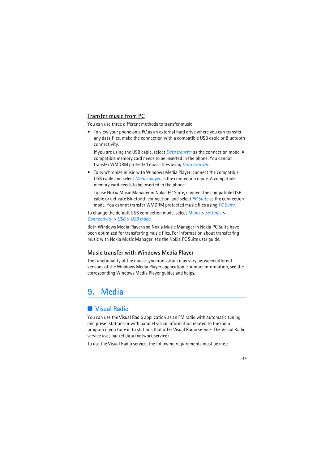 Nokia RM-230 manual Visual Radio, Transfer music from PC, Music transfer with Windows Media Player 