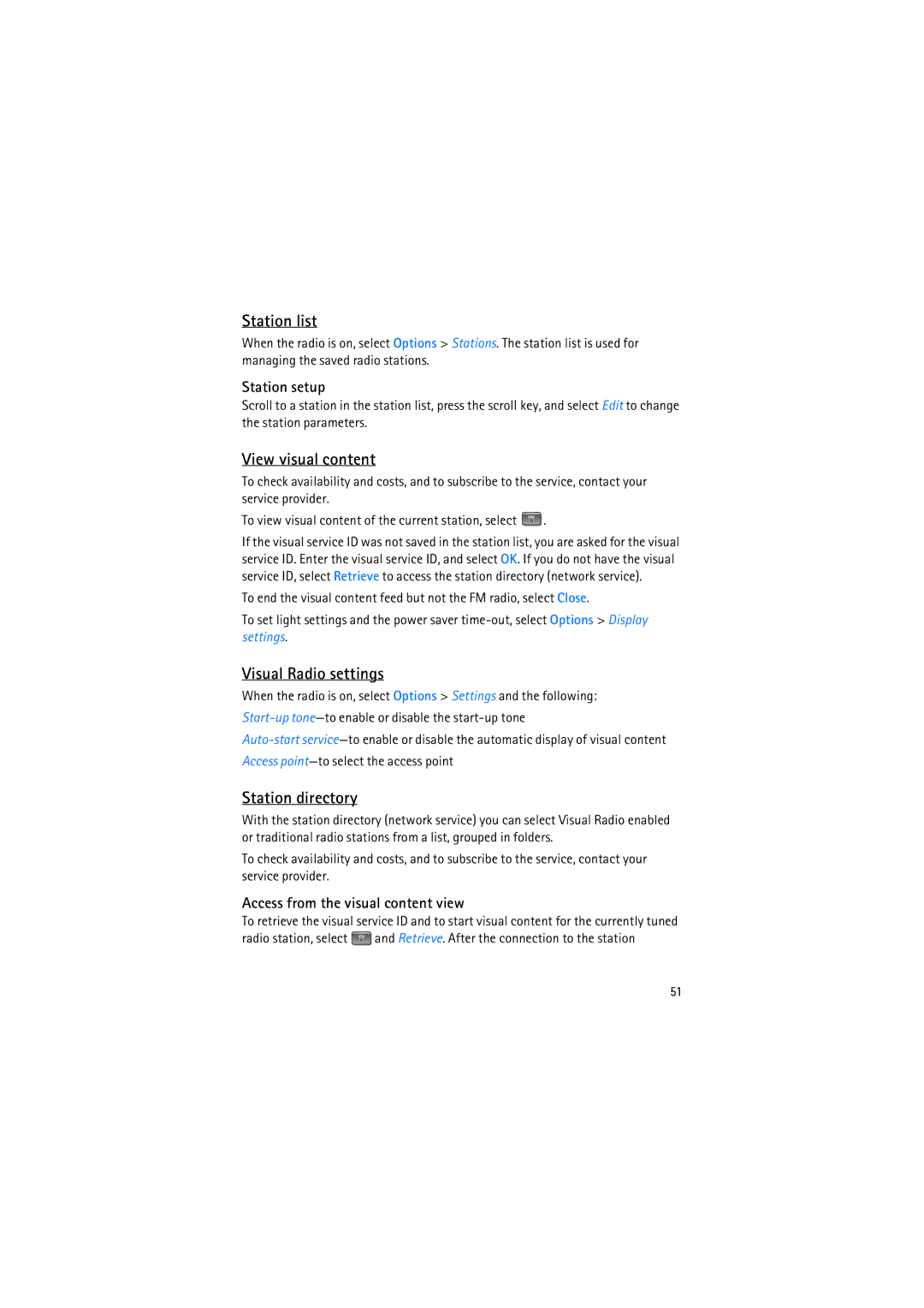 Nokia RM-230 manual Station list, View visual content, Visual Radio settings, Station directory 