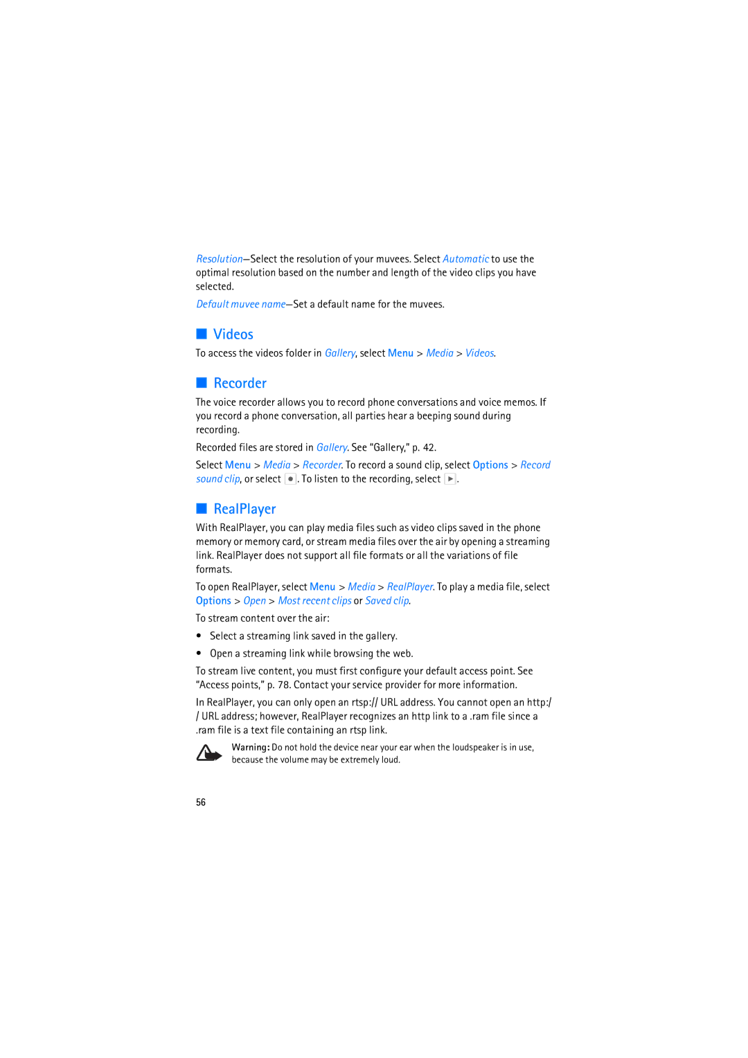 Nokia RM-230 manual Videos, Recorder, RealPlayer 