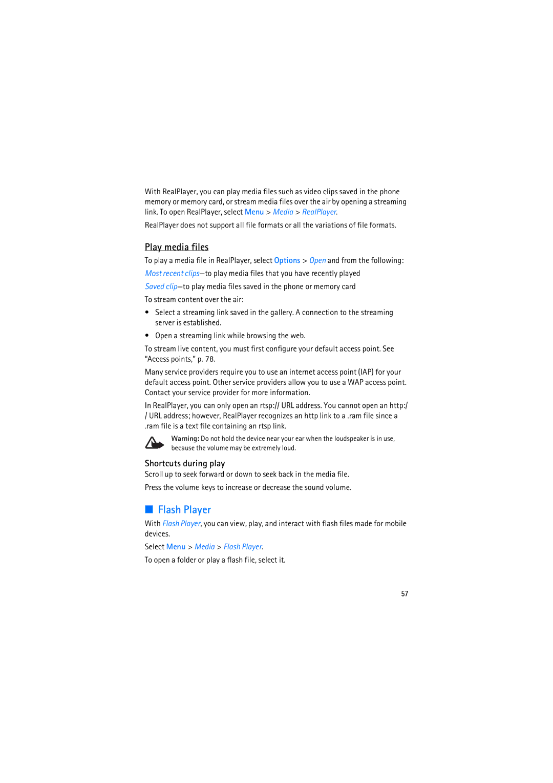 Nokia RM-230 manual Play media files, Shortcuts during play, Select Menu Media Flash Player 