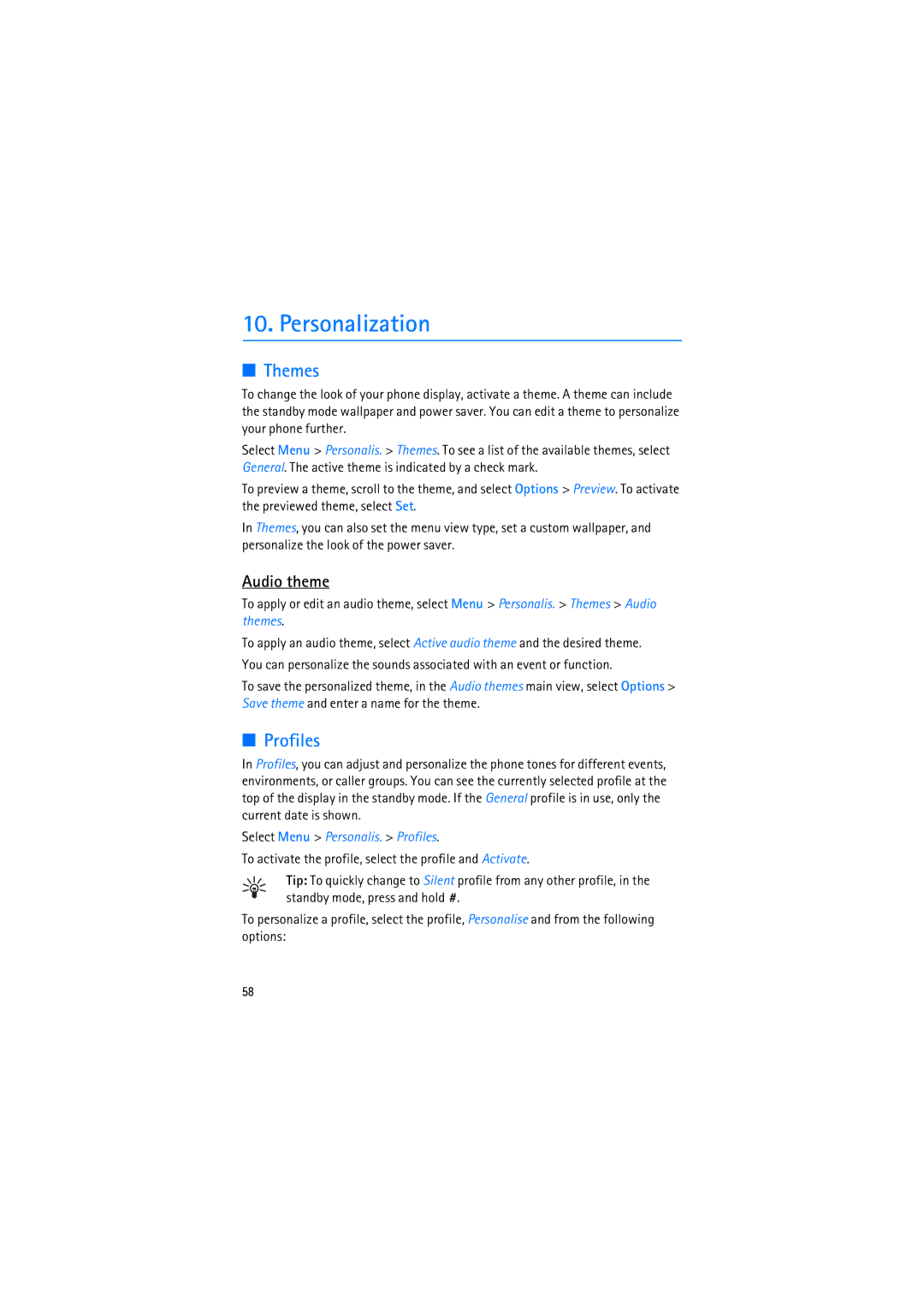 Nokia RM-230 manual Personalization, Themes, Audio theme, Select Menu Personalis. Profiles 