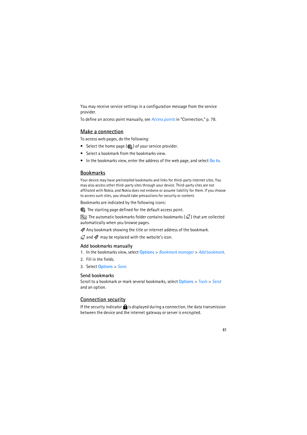 Nokia RM-230 Make a connection, Bookmarks, Connection security, Add bookmarks manually, Send bookmarks 